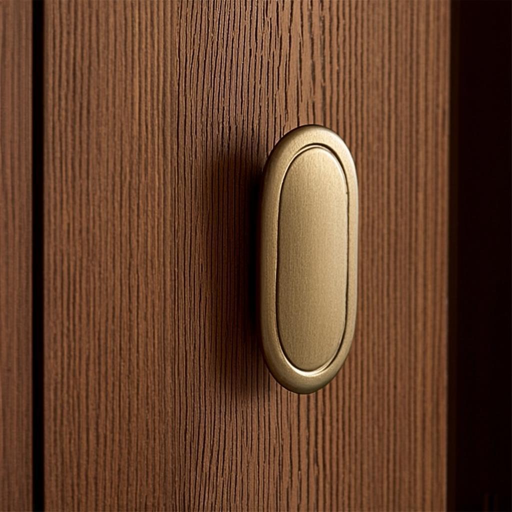Concept visual: close-up of a handmade walnut cabinet door with brass handle