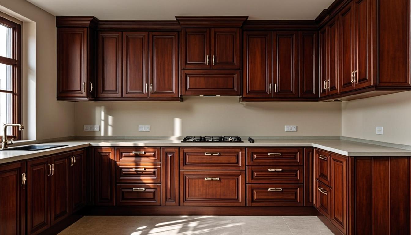 Concept kitchen visual: dark walnut cabinetry with brass handles in a Malaysian terrace house